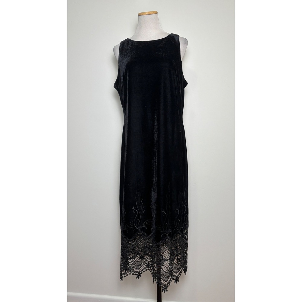 Anne Klein Black Velvet Dress L Whimsigoth Crochet Lace Dark Romantic Cocktail